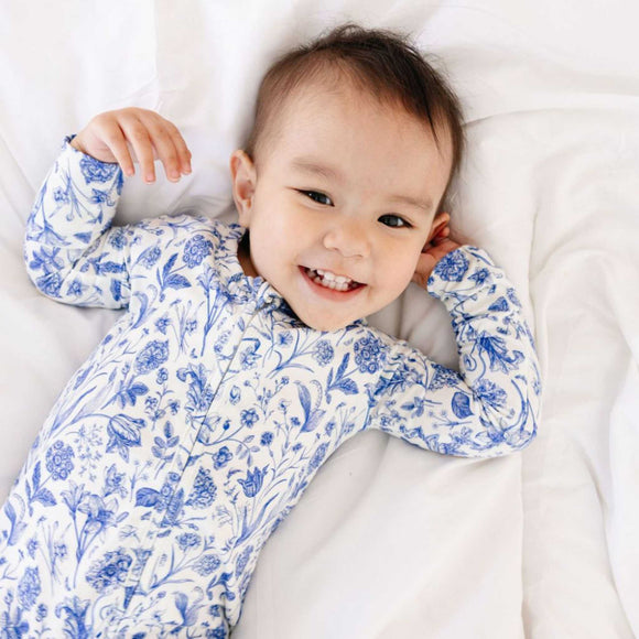 Motette - Long Sleeve Bamboo Sleeper - Porcelain Vine Cobalt