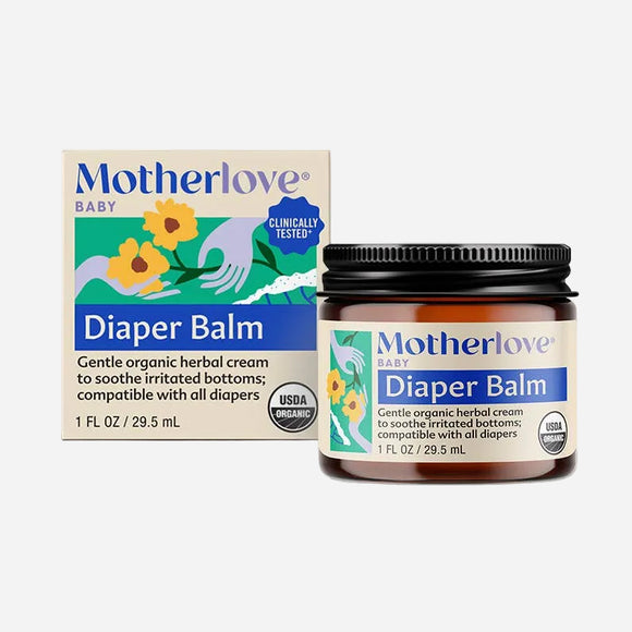 Motherlove Baby Diaper Balm jar and packaging on a white background