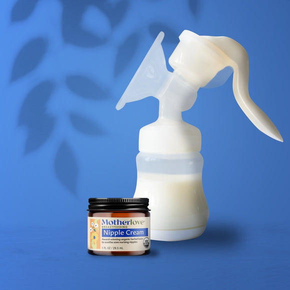 Manual breast pump and jar of Motherlove Nipple Cream on a blue background