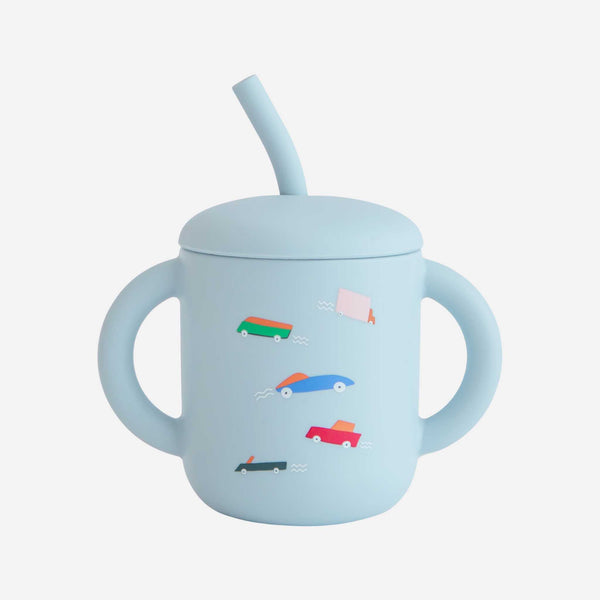 Mushie - Silicone Training Cup + Straw - Retro Cars