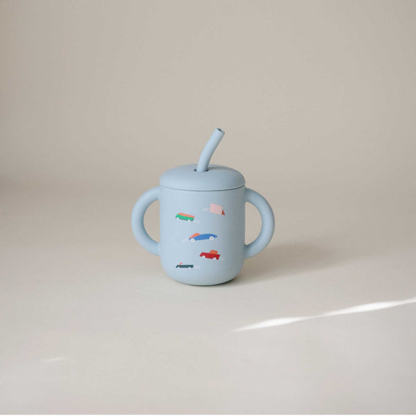 Mushie - Silicone Training Cup + Straw - Retro Cars
