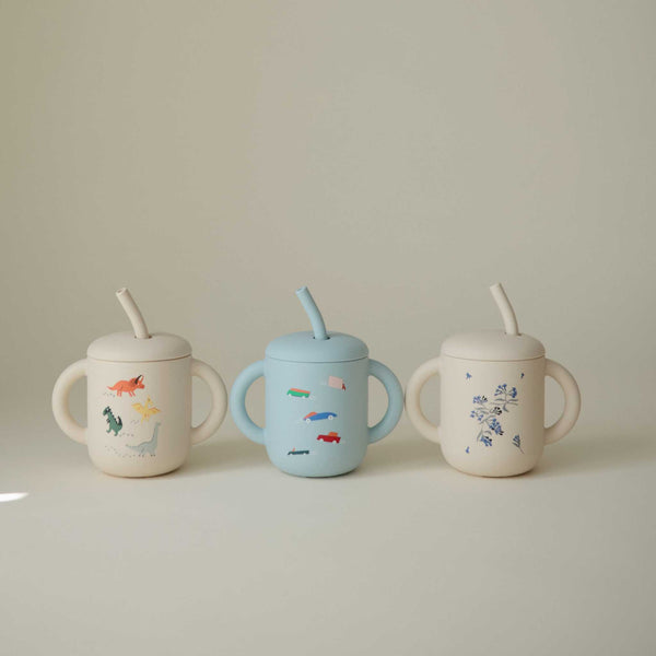 Mushie - Silicone Training Cup + Straw - Retro Cars
