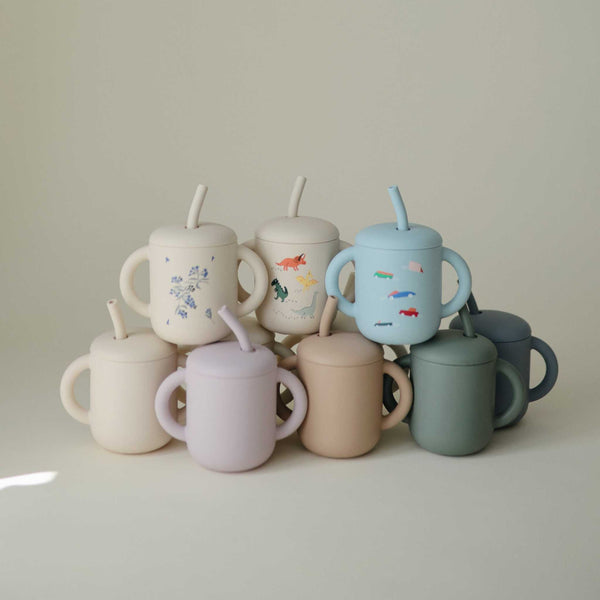 Mushie - Silicone Training Cup + Straw - Retro Cars