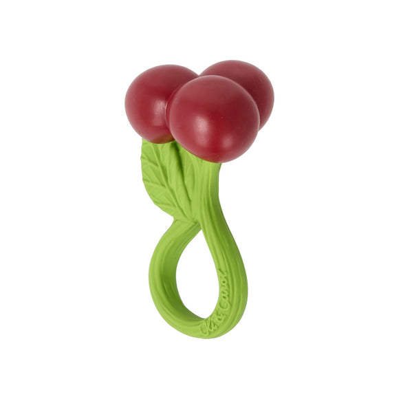 Green and red silicone teething ring on a white background