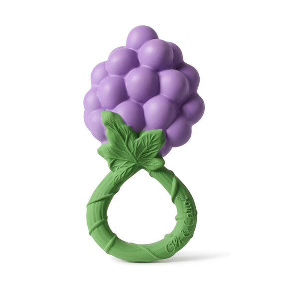 Purple grape-shaped teether with green base on a white background