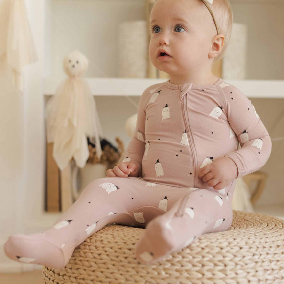 Quincy Mae - Bamboo Zip Footie - Pink Ghosts