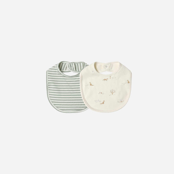 Quincy Mae - Jersey Snap Bib, 2 Pack - Fox Land, Fern Stripe