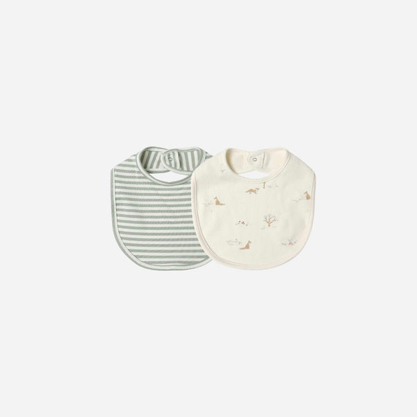 Quincy Mae - Jersey Snap Bib, 2 Pack - Fox Land, Fern Stripe