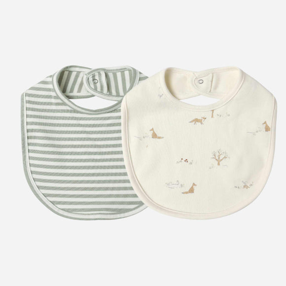 Quincy Mae - Jersey Snap Bib, 2 Pack - Fox Land, Fern Stripe
