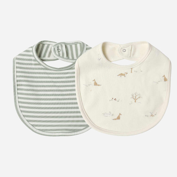 Quincy Mae - Jersey Snap Bib, 2 Pack - Fox Land, Fern Stripe