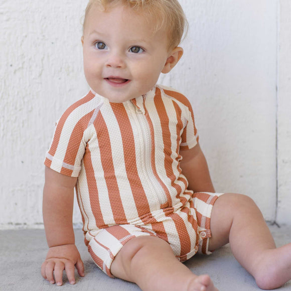 Quincy Mae - Zip Rashguard One-Piece - Retro Poppy Stripe