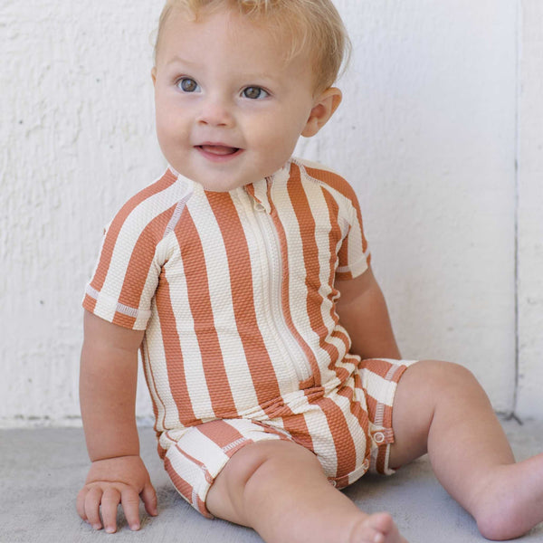 Quincy Mae - Zip Rashguard One-Piece - Retro Poppy Stripe