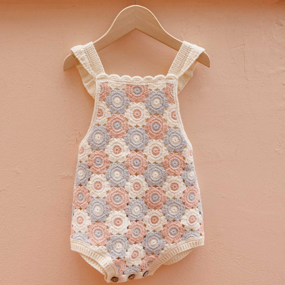 Rylee + Cru - Crochet Romper - Blue / Light Pink / Ivory