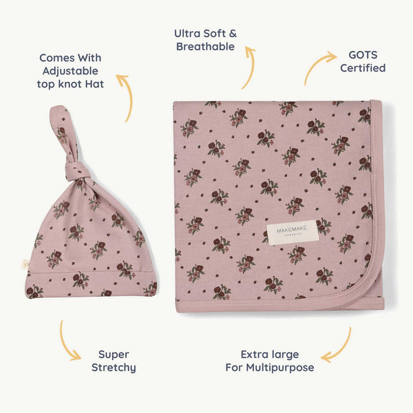 Rylee + Cru - Organic Swaddle Blanket & Hat - Rose Ditsy