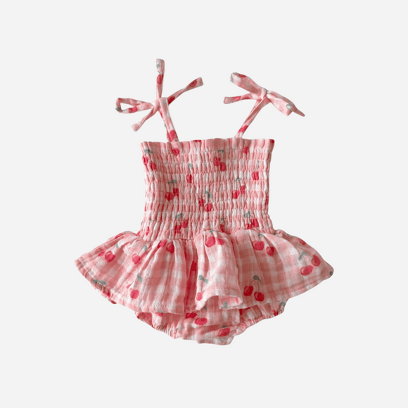 SIIX - Gingham Cherries Muslin Smocked Romper