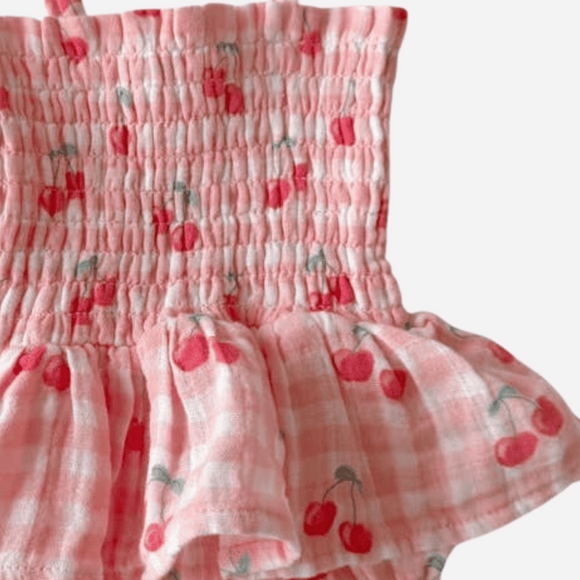 SIIX - Gingham Cherries Muslin Smocked Romper