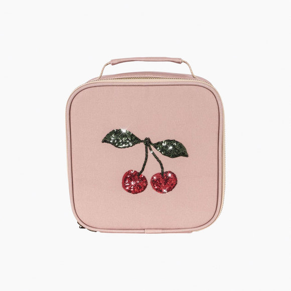 Pink lunch bag with cherry design on a white background