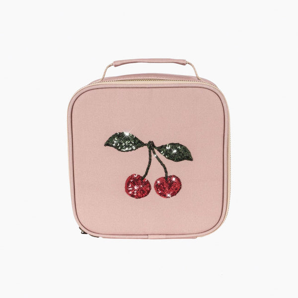 Pink lunch bag with cherry design on a white background