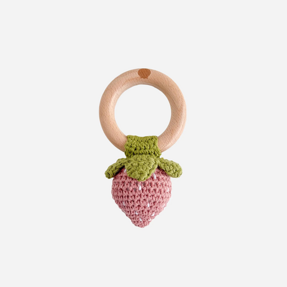 The Blueberry Hill - Cotton Crochet Rattle Teether - Pink Strawberry