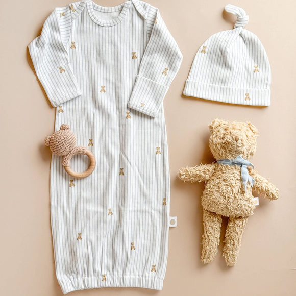 The Blueberry Hill - Knit Sleep Gown Hat Teddy Bear Blue Baby Newborn Gift