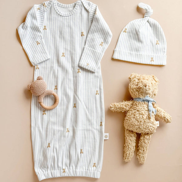 The Blueberry Hill - Knit Sleep Gown Hat Teddy Bear Blue Baby Newborn Gift