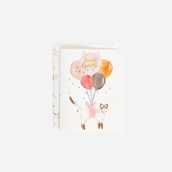 The First Snow - Happy Birthday Balloon Cat with Gold Confetti Card