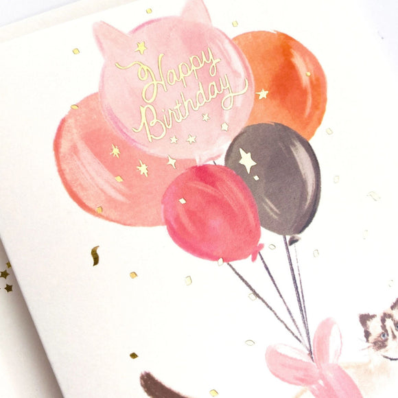 The First Snow - Happy Birthday Balloon Cat with Gold Confetti Card
