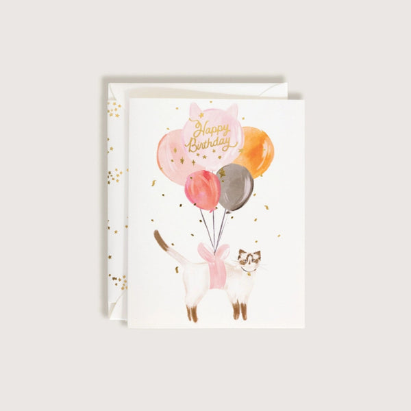 The First Snow - Happy Birthday Balloon Cat with Gold Confetti Card