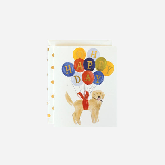 The First Snow - Happy Birthday Golden Retriever Dog with Balloons Card
