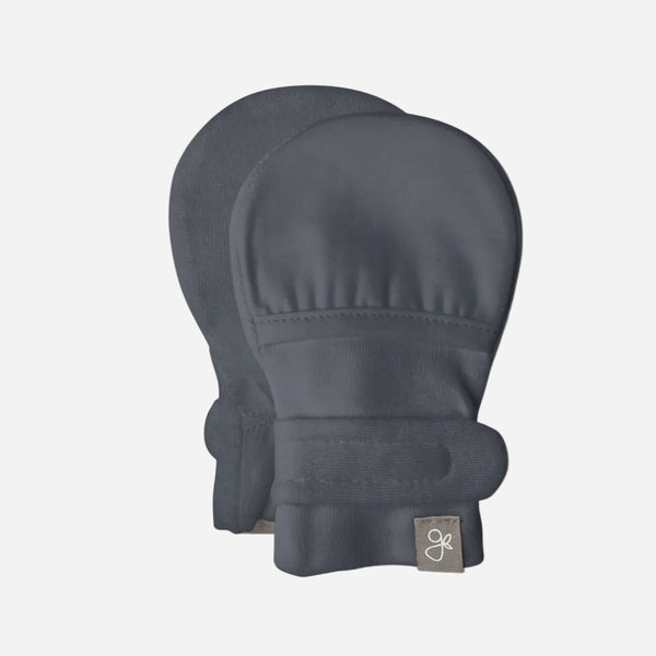 Pair of dark blue gray baby mittens on a white background