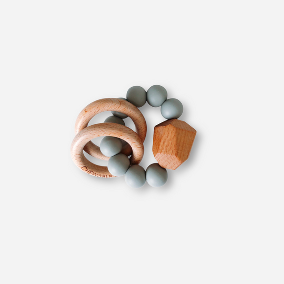Chewable Charm - Silicone + Wood Hayes Teether Teething Ring and Rattle - Grey