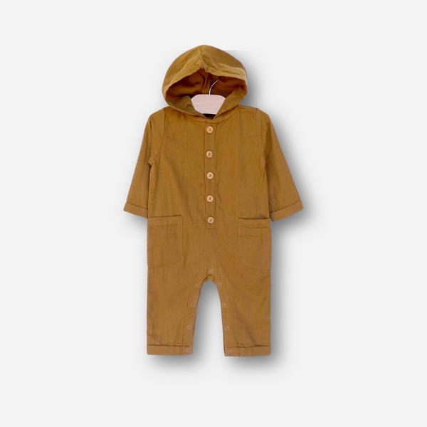 City Mouse Crinkle Cotton Hooded Romper - Bronze