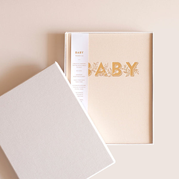 Gold-Foil Linen Baby Book with Box - Buttermilk