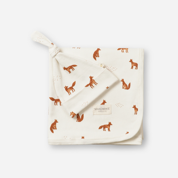 Makemake Organics - Organic Cotton Swaddle Blanket & Top Knot Hat - Autumn Fox