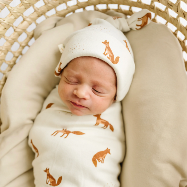 Makemake Organics - Organic Cotton Swaddle Blanket & Top Knot Hat - Autumn Fox