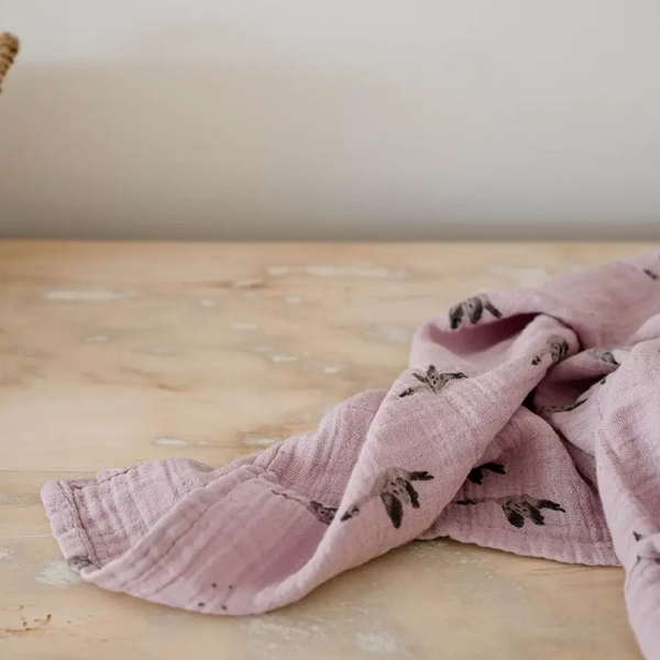 Rose in April - Large Bianca Cotton Muslin Swaddle - Goose / Lilac